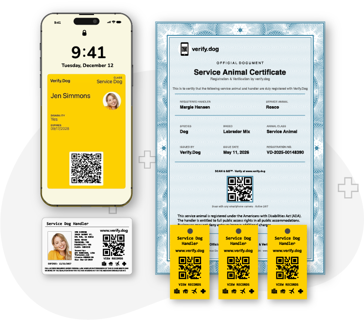 Service Dog registration package with ID card, certificate, and Scan & Go tags