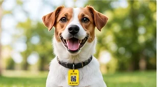 Dog wearing a Verify.Dog QR tag