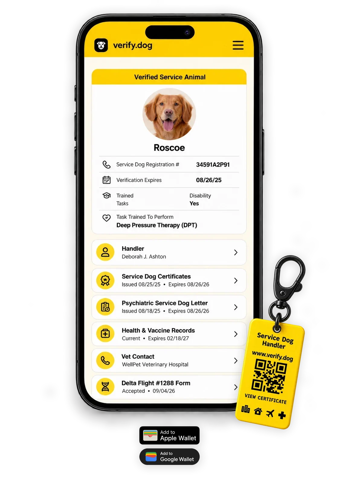 Verify.Dog Scan and Go profile on a smartphone with yellow QR tag