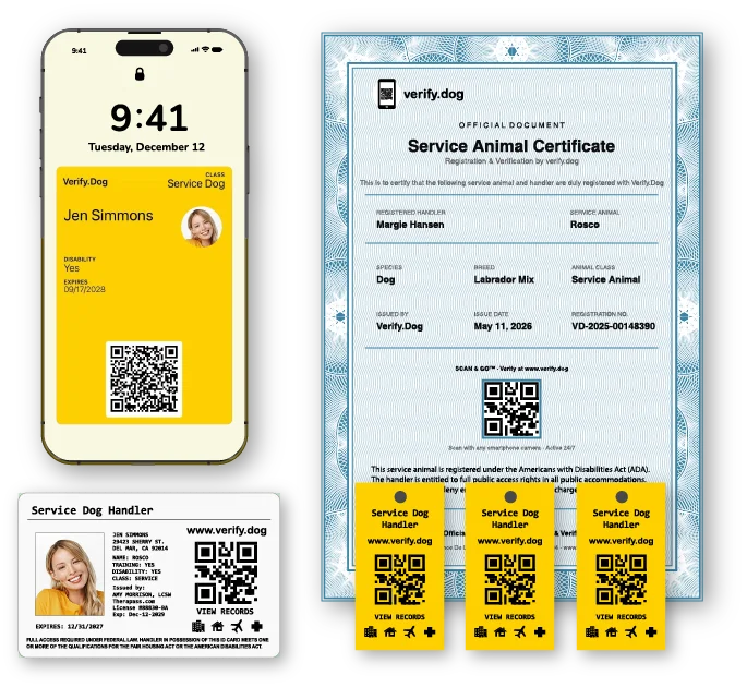 Service dog registration kit with ID card and documents